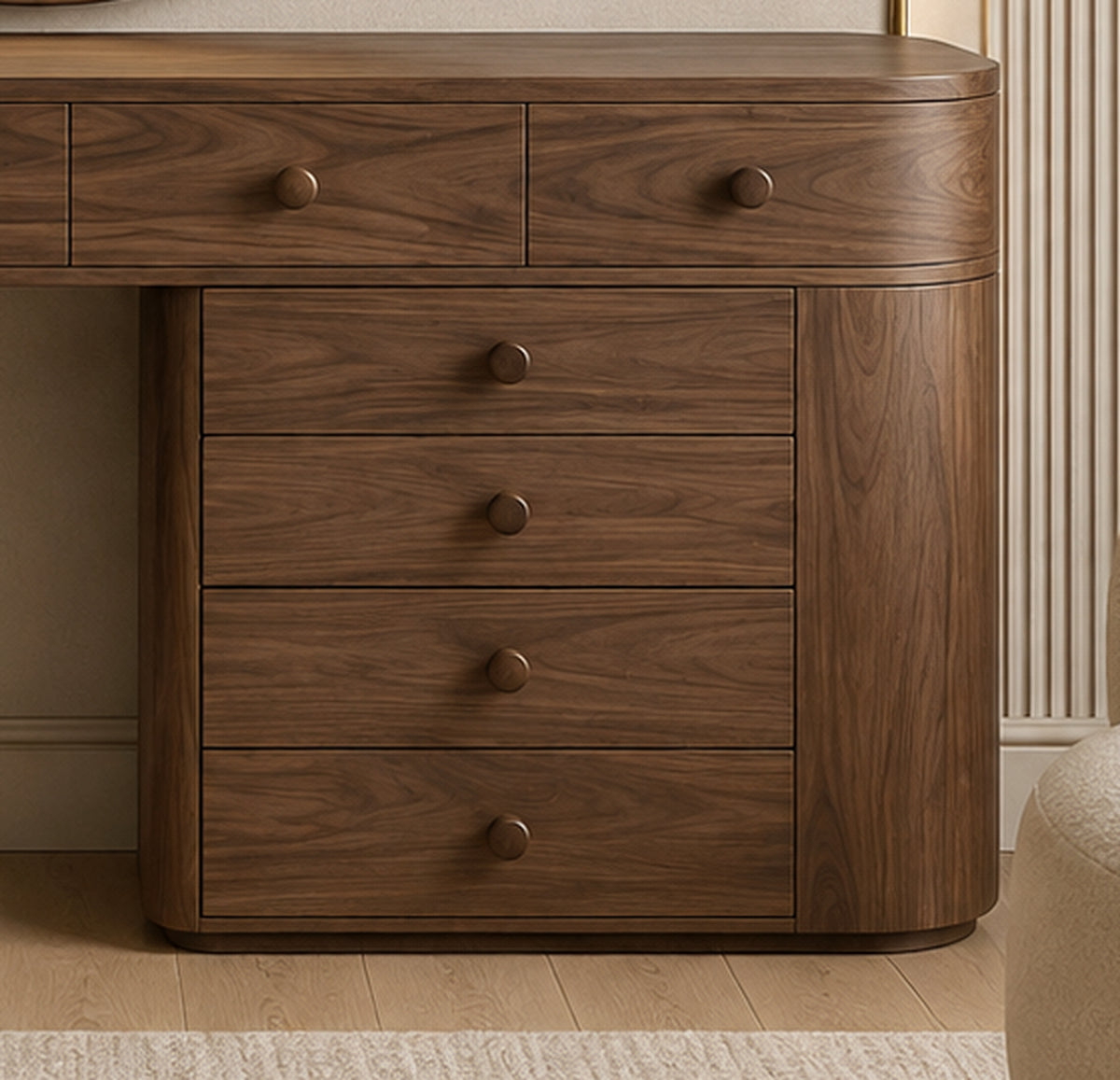 Orbit Sculptural Vanity Console integrated storage drawer detail with rounded profile