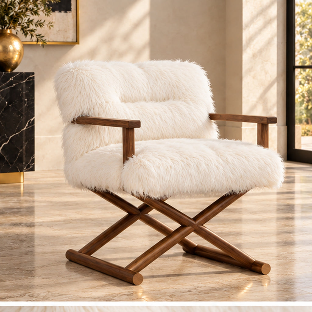 White faux fur accent chair with walnut wood frame three-quarter view