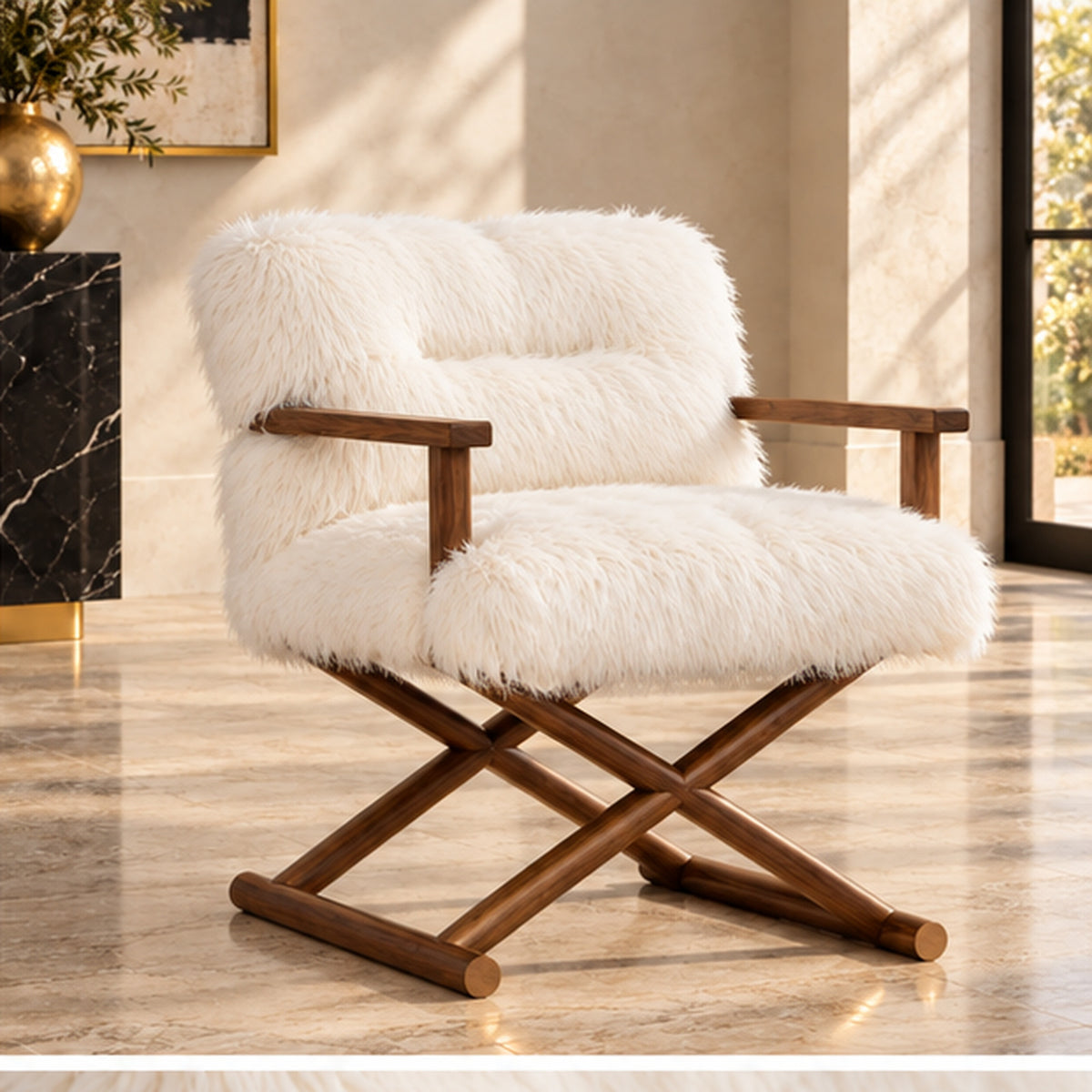 White faux fur accent chair with walnut wood frame three-quarter view