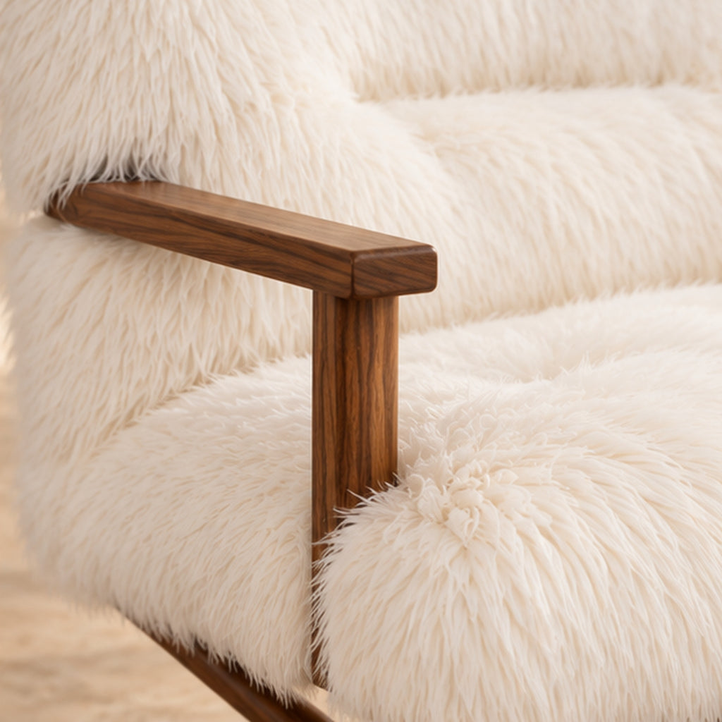 White faux fur upholstery and walnut wood frame material close-up