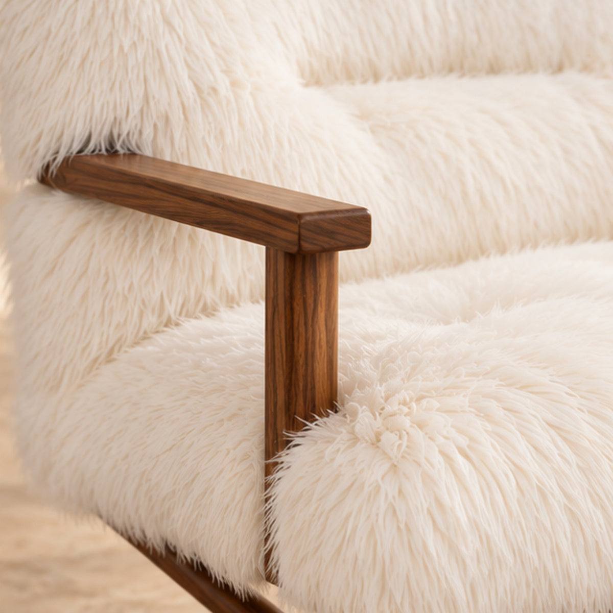 White faux fur upholstery and walnut wood frame material close-up