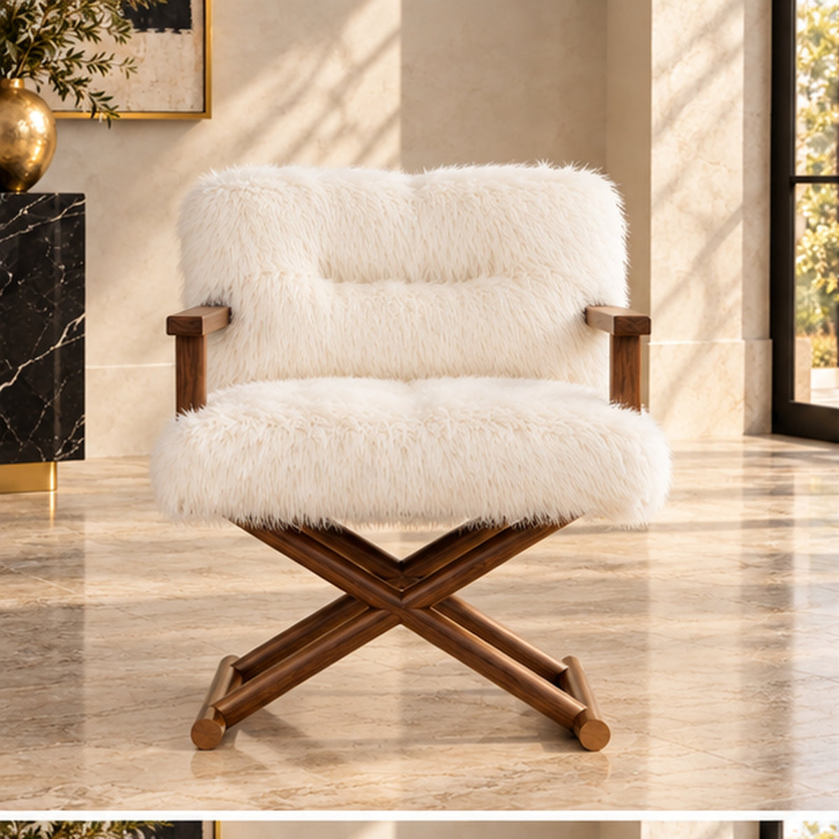 White faux fur accent chair with walnut wood frame front view