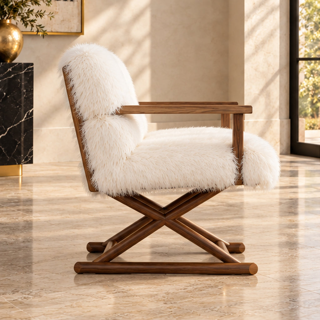 White faux fur accent chair with walnut wood frame side view